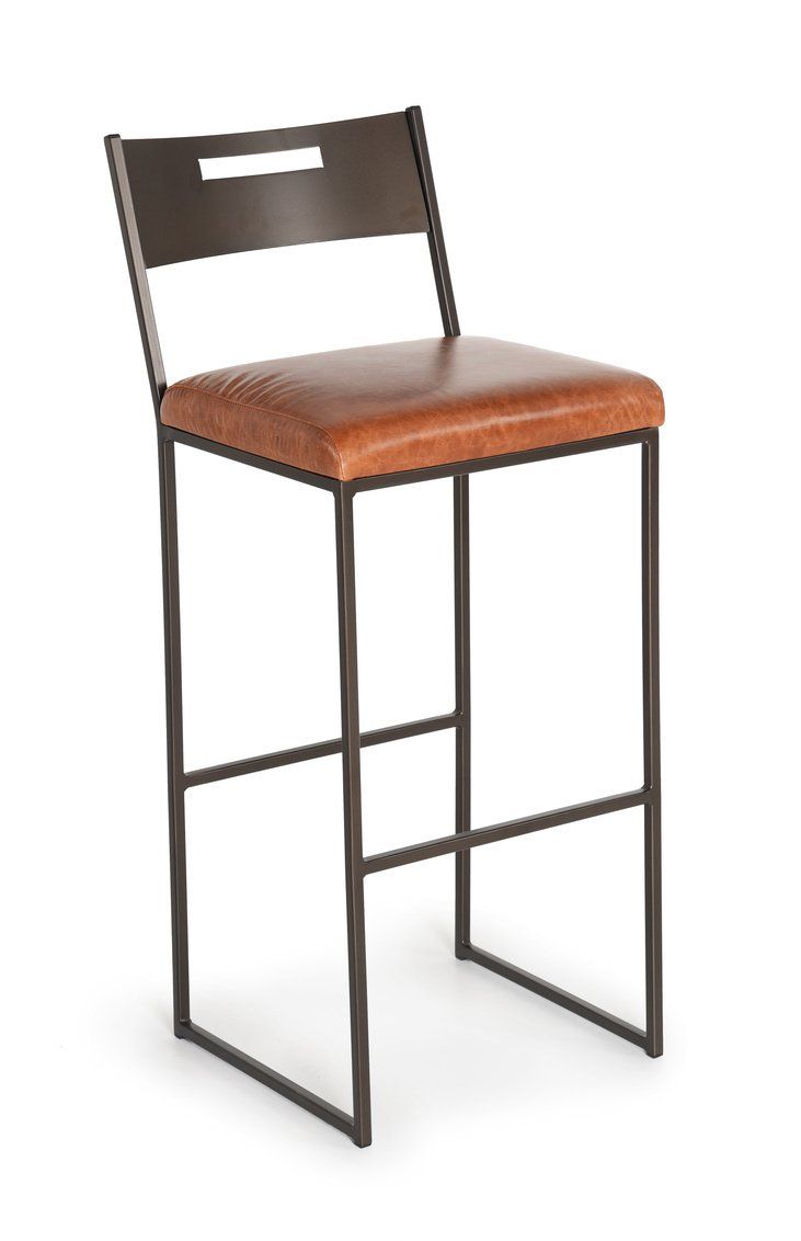 A bar stool with a brown leather seat and back on a white background.