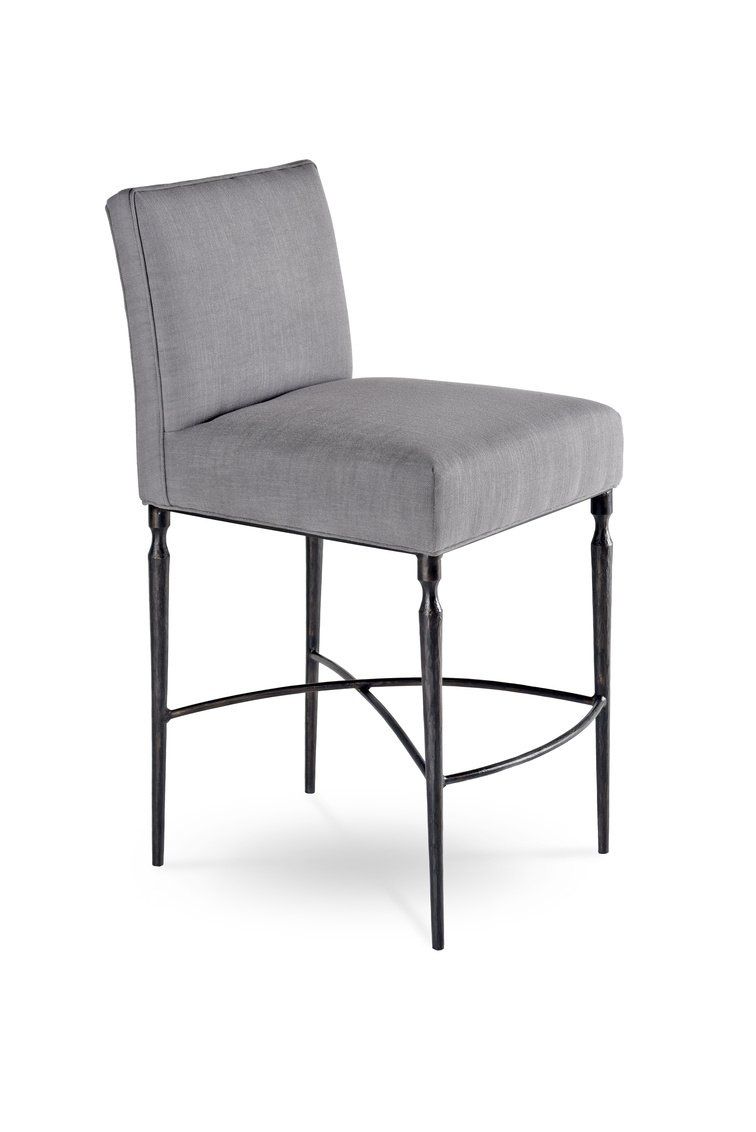 A grey bar stool with black legs on a white background.