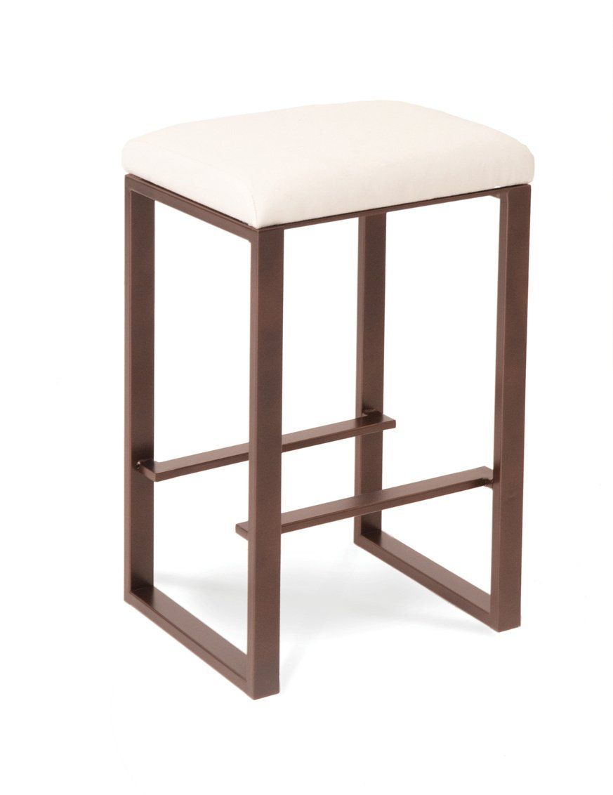 A bar stool with a white cushion and a brown frame