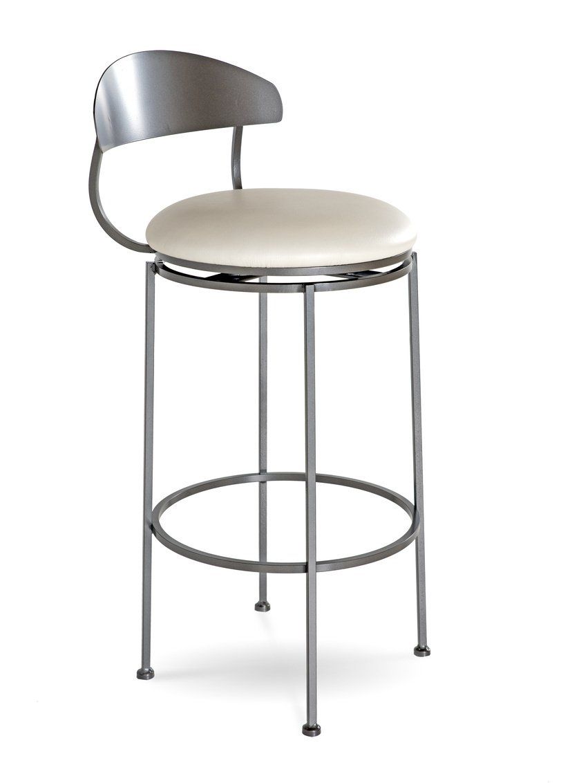 A stainless steel bar stool with a white cushion on a white background