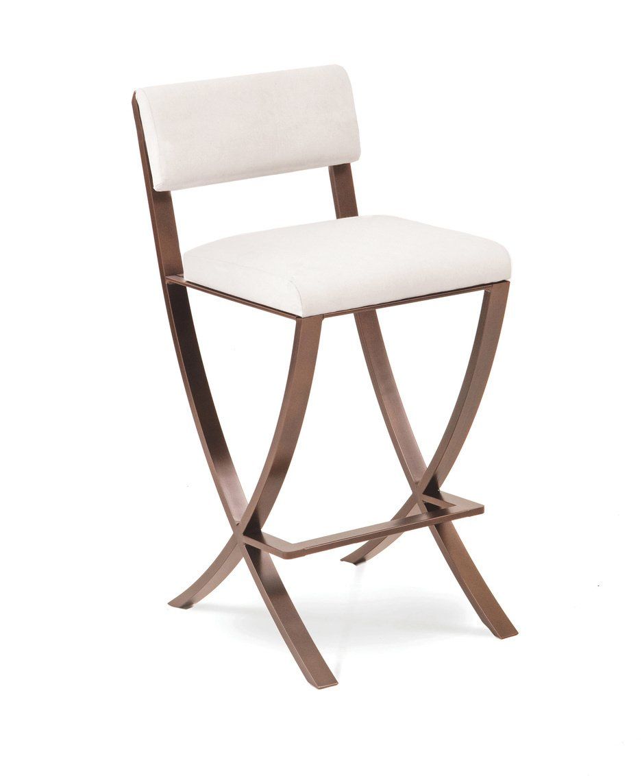 A bar stool with a white seat and back on a white background