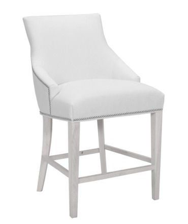 A white bar stool with a studded back on a white background.