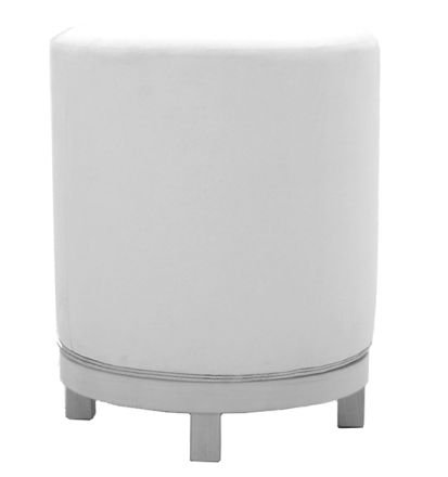 A white ottoman with three legs on a white background.