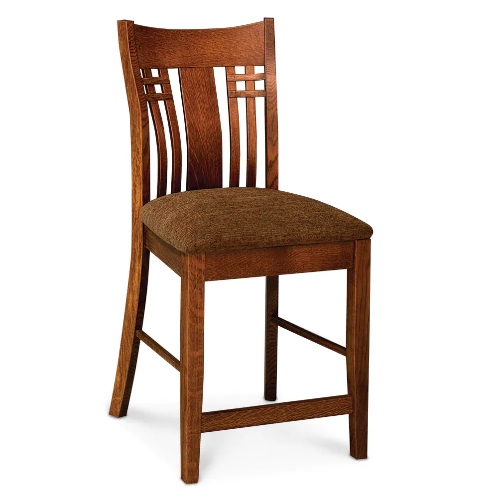 A wooden chair with a brown seat on a white background