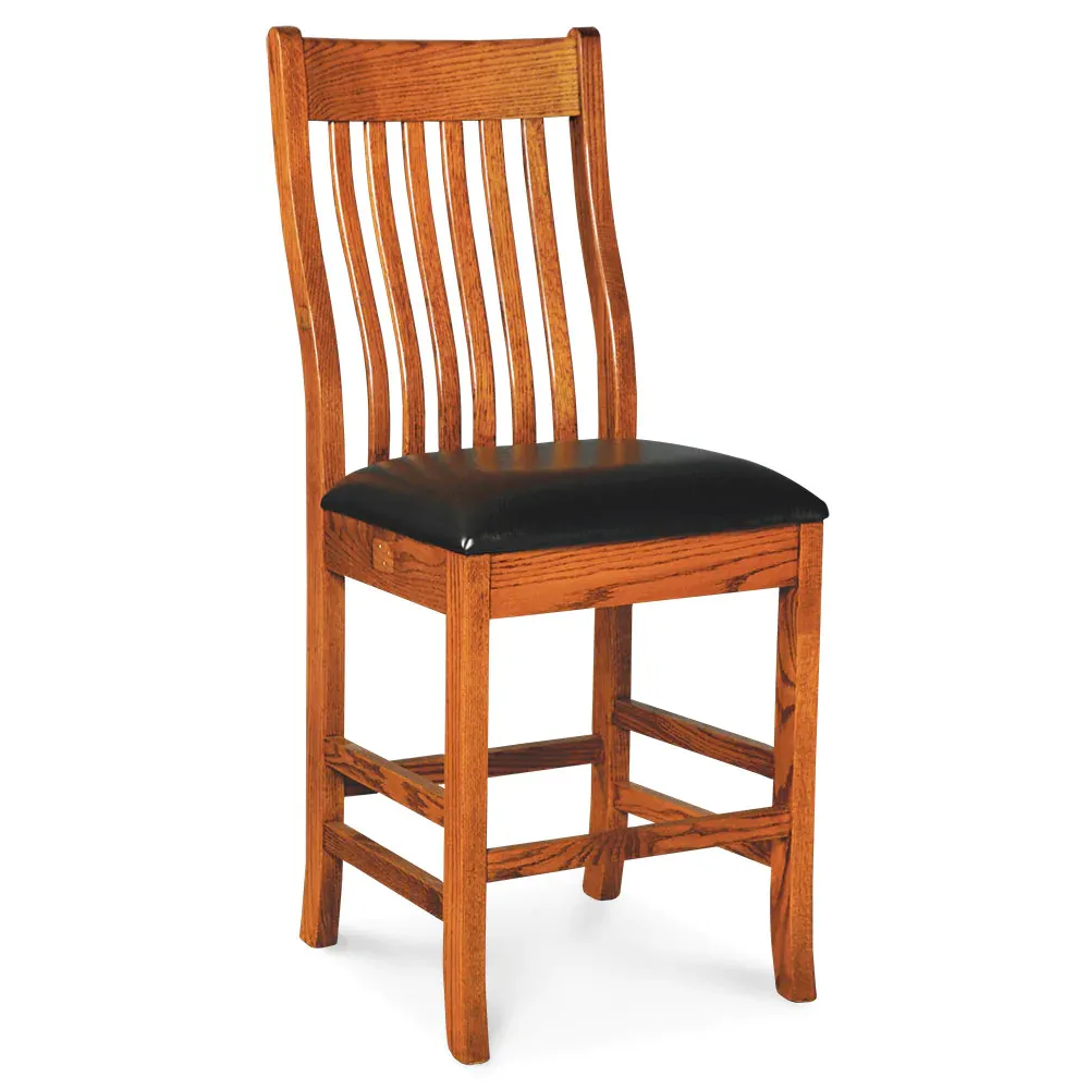 A wooden chair with a black seat on a white background