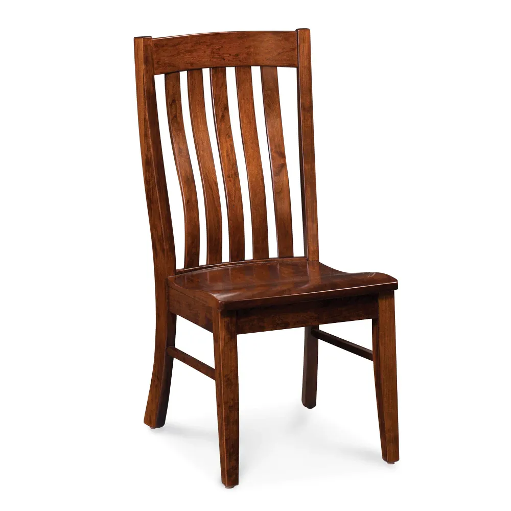 A wooden chair with a striped back on a white background