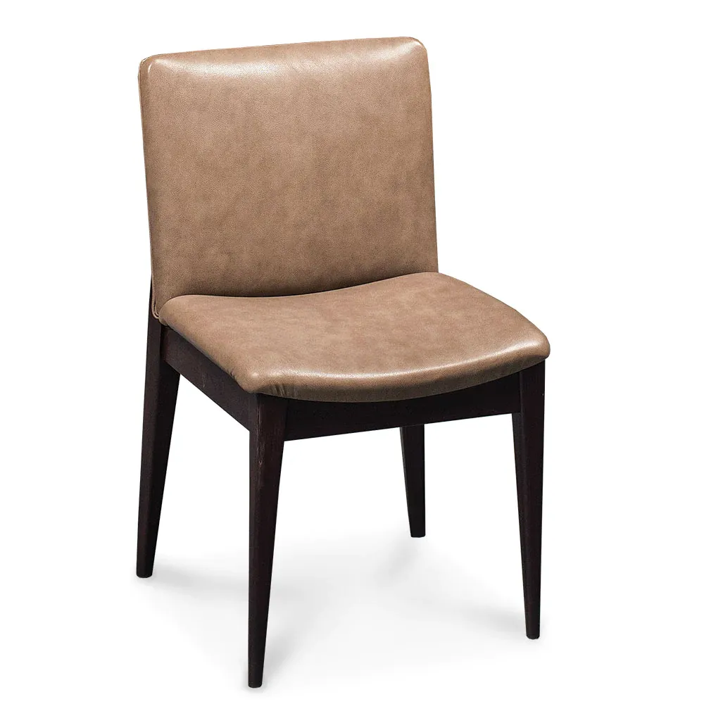 A brown leather chair with wooden legs on a white background