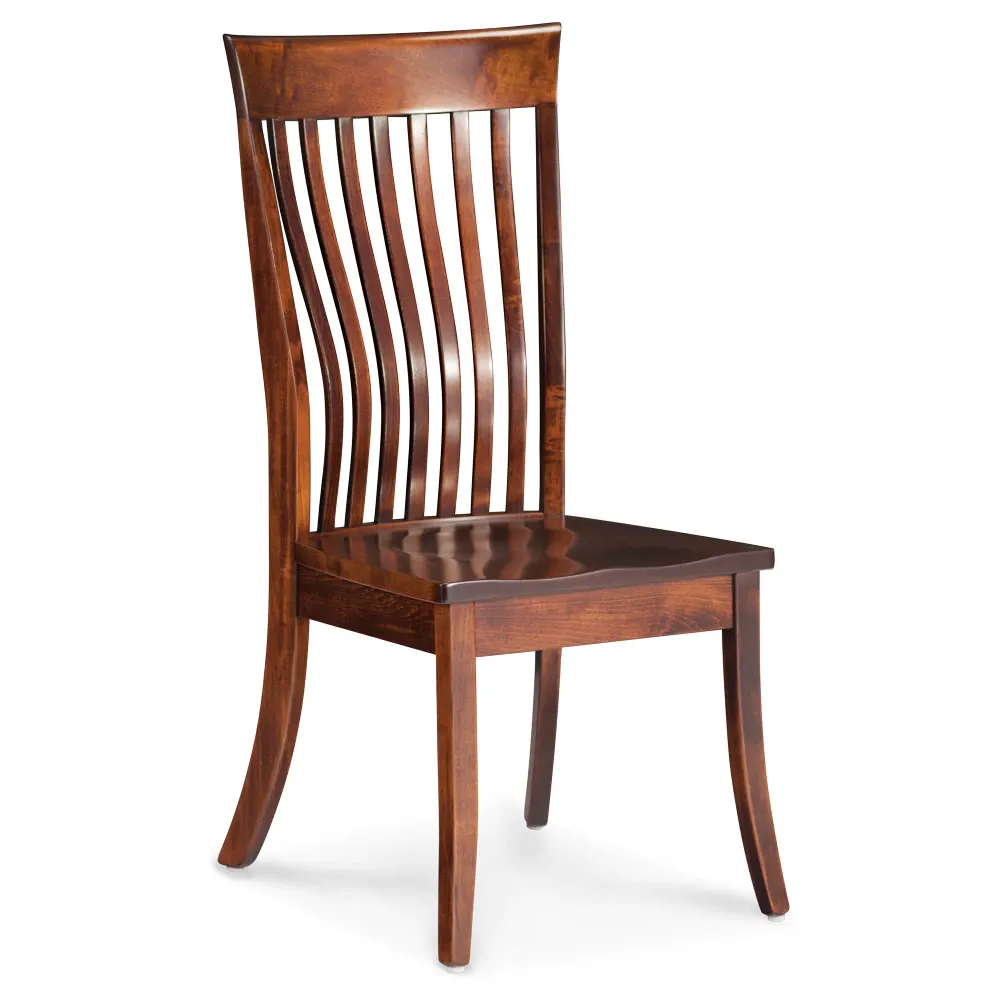 A wooden chair with a curved back on a white background.