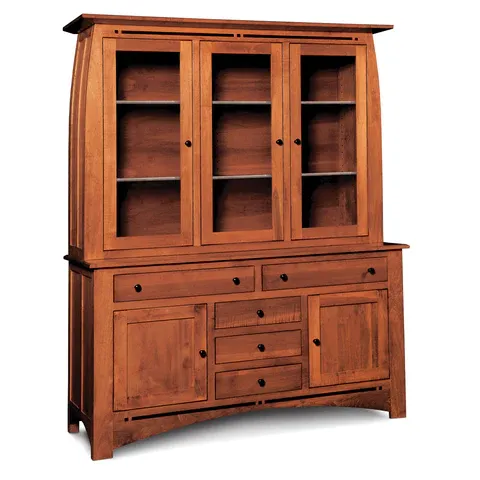 A wooden hutch with glass doors and drawers