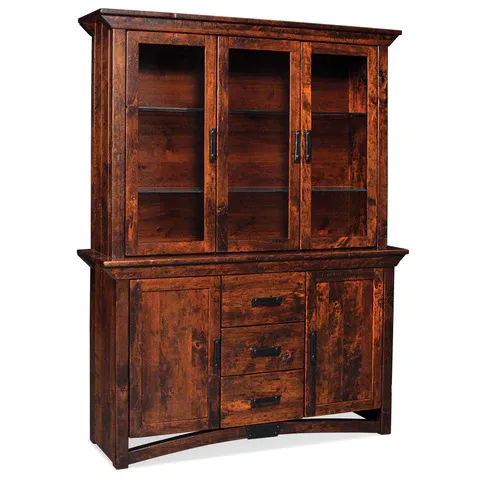 A wooden hutch with glass doors and drawers on a white background