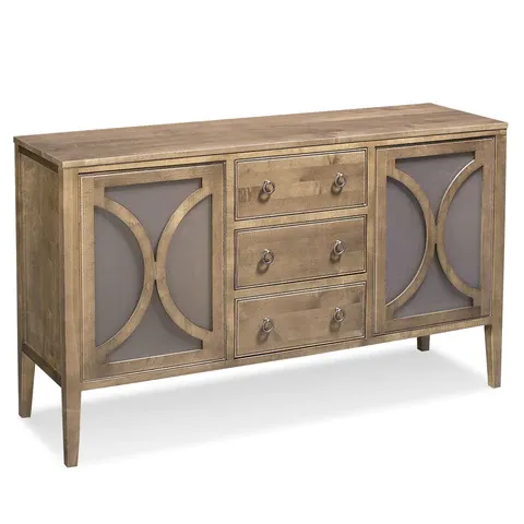 A wooden dresser with three drawers and two doors on a white background.