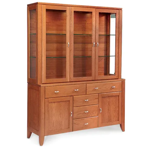 A wooden hutch with glass doors and drawers on a white background