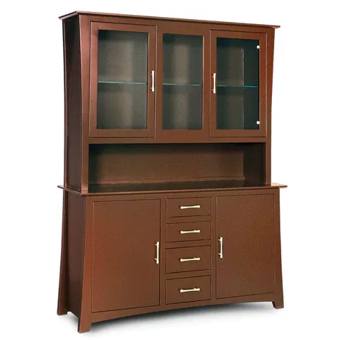 A brown cabinet with glass doors and drawers