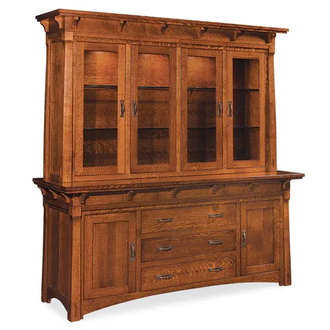 A large wooden cabinet with glass doors and drawers
