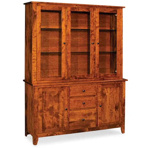 A wooden hutch with glass doors and drawers