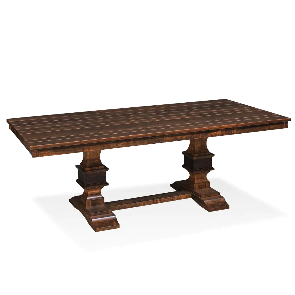 A wooden table with two legs and a wooden top on a white background.