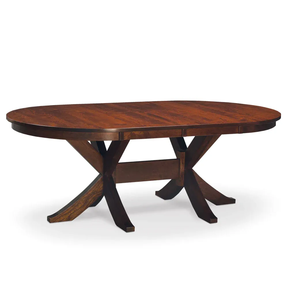 A wooden table with an oval top and crossed legs