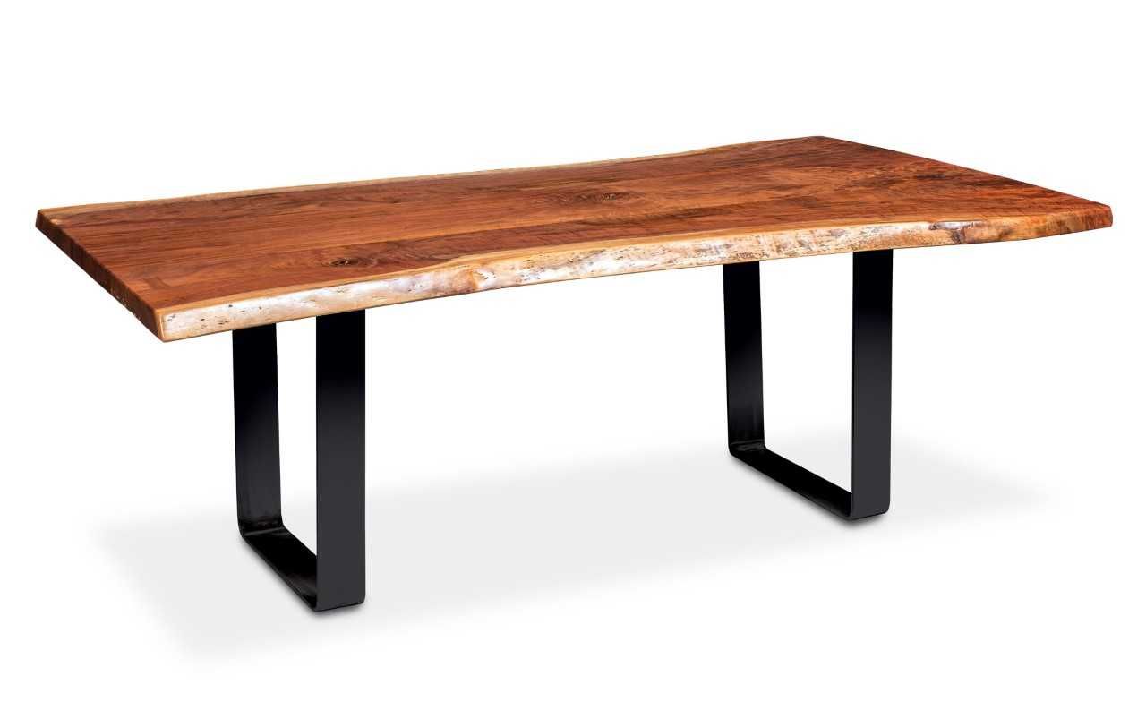 A wooden table with black legs on a white background.