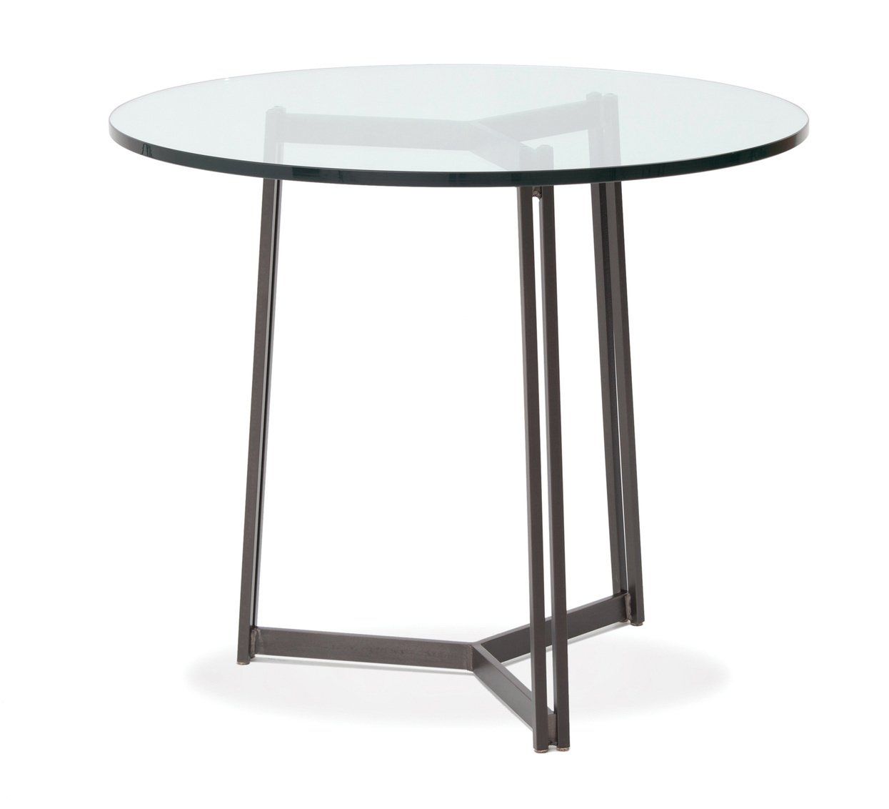 A round glass table with a metal frame on a white background.