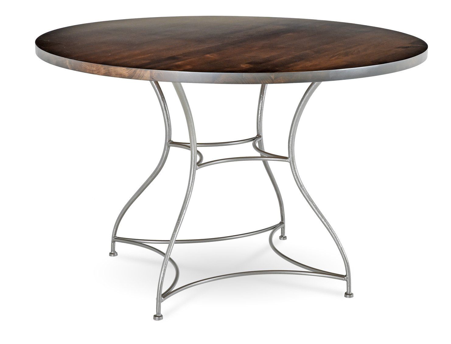 A round table with a wooden top and metal legs
