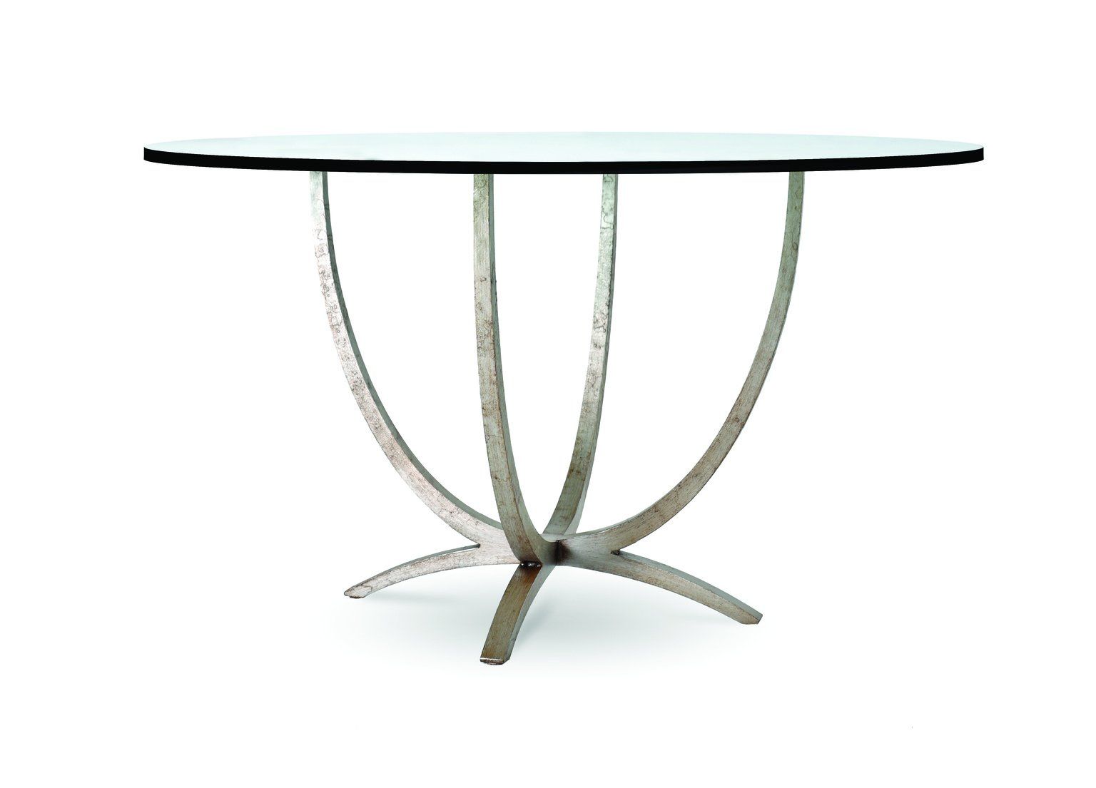 A table with a glass top and a metal frame on a white background.
