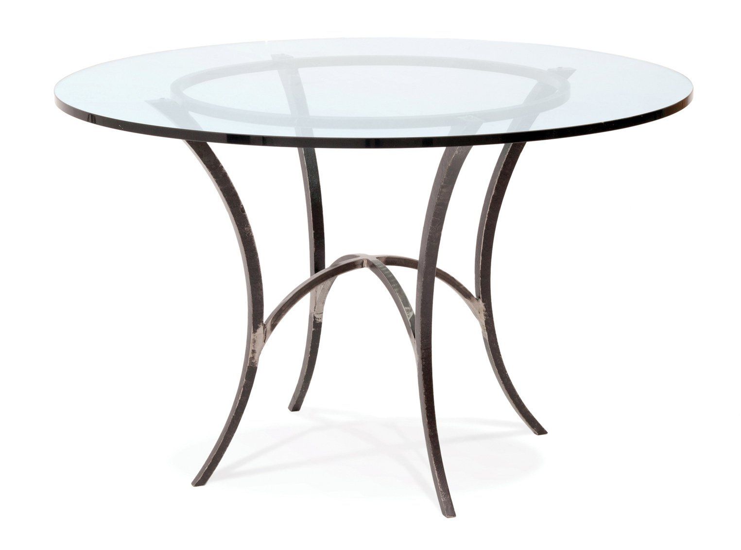 A round glass table with a metal frame on a white background.