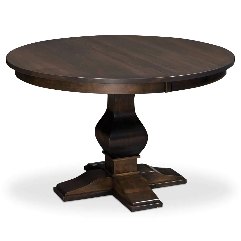 A round wooden table with a pedestal base