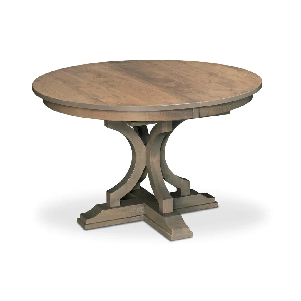 A round wooden table with a crossed base on a white background