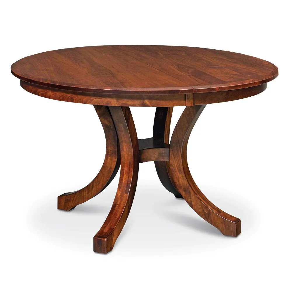 A round wooden table with curved legs on a white background