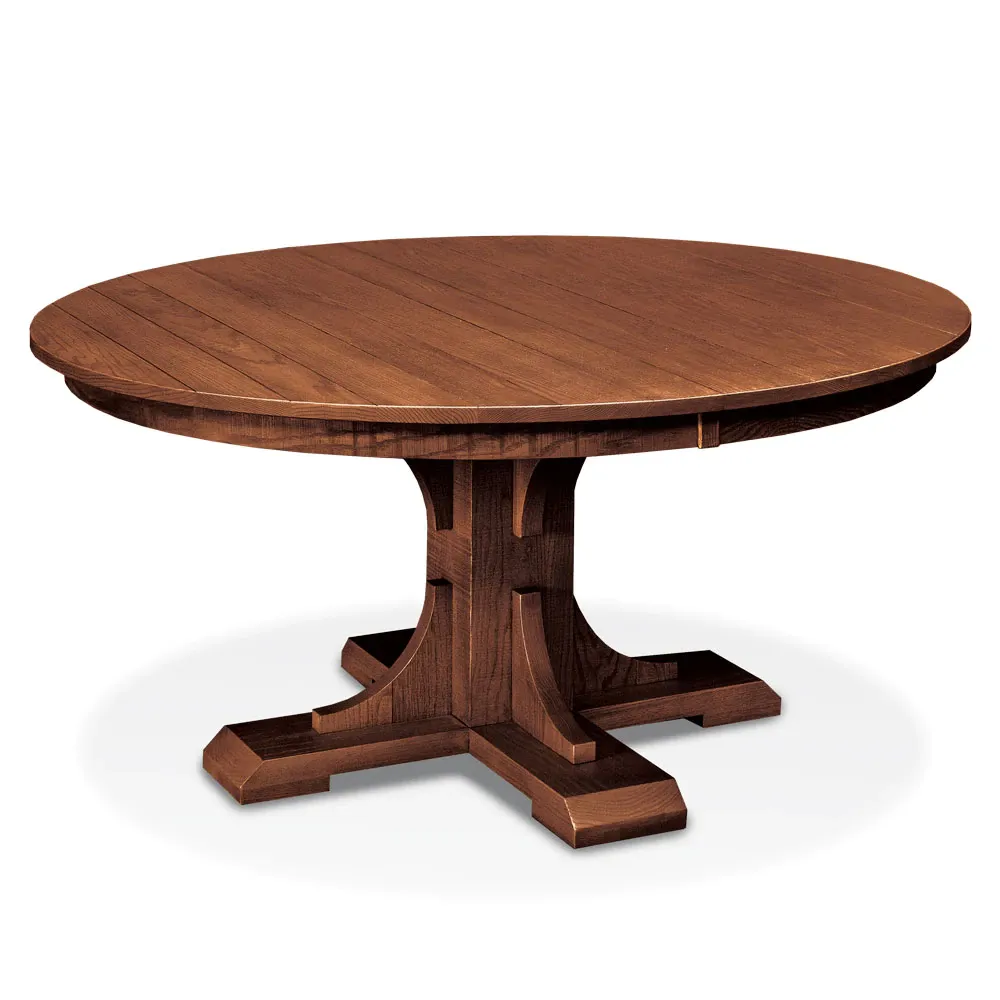 A round wooden table with a cross base on a white background