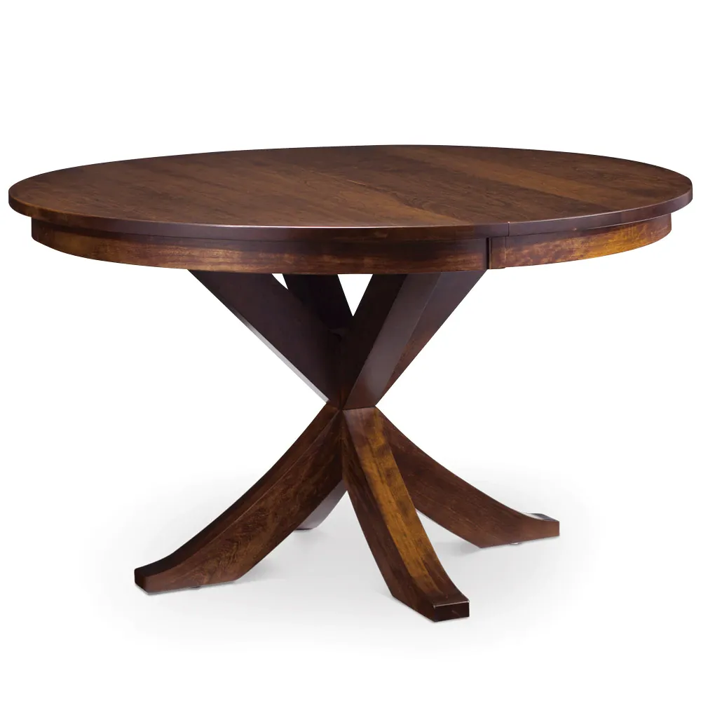 A round wooden table with a cross base on a white background