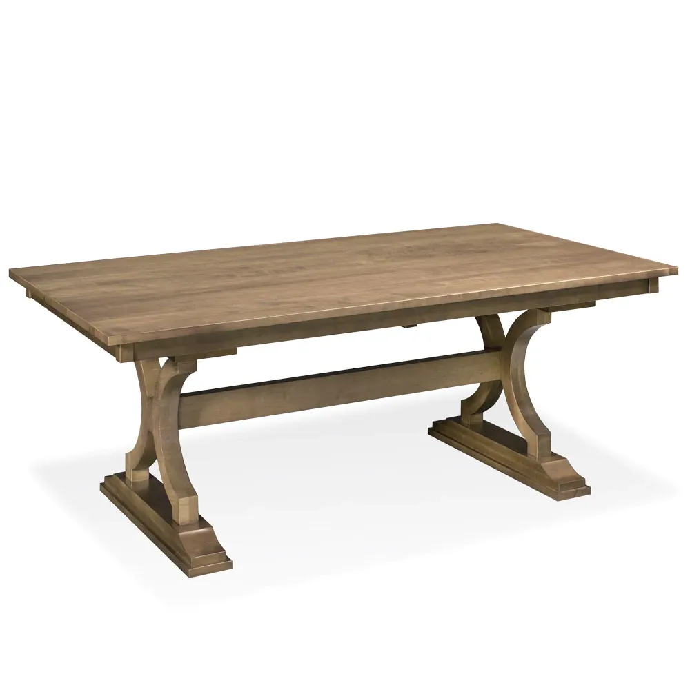 A wooden table with a wooden top and a wooden base on a white background.