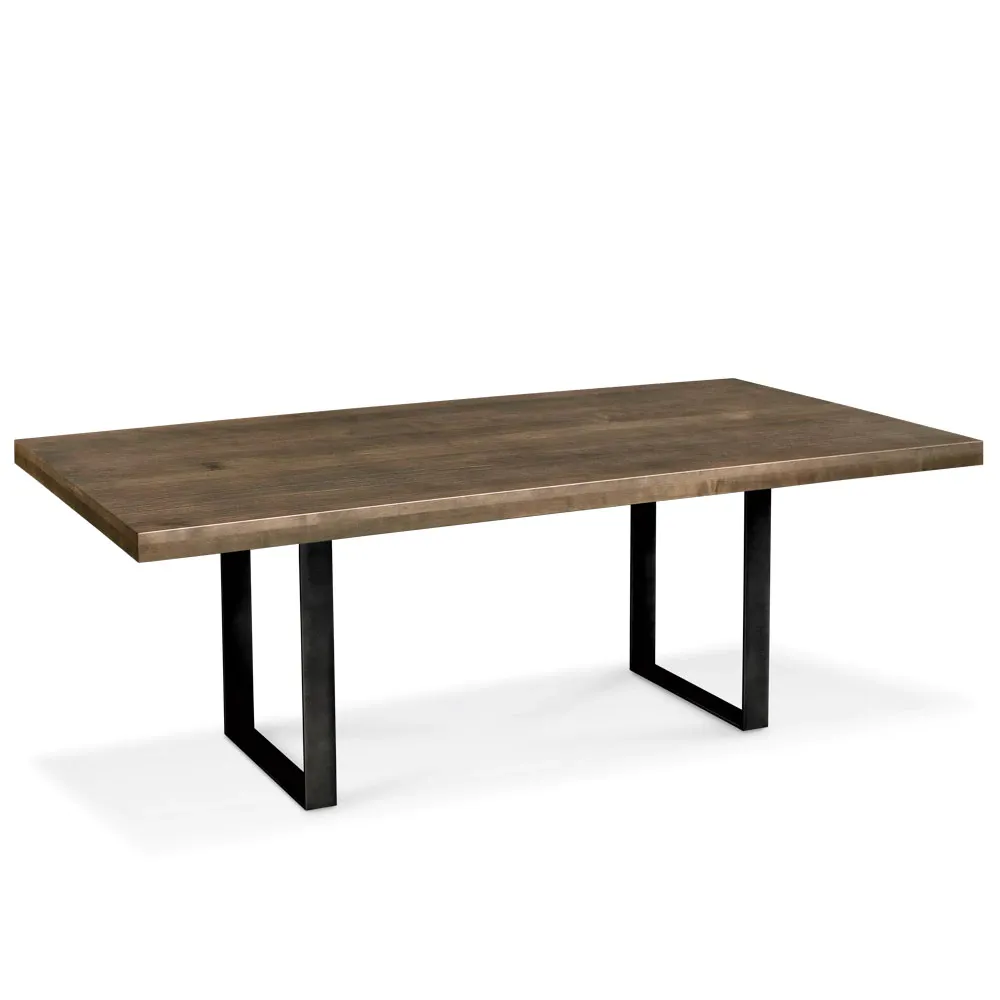 A wooden table with black legs on a white background.