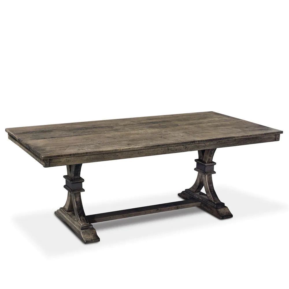 A wooden table with a wooden top and a wooden base on a white background.