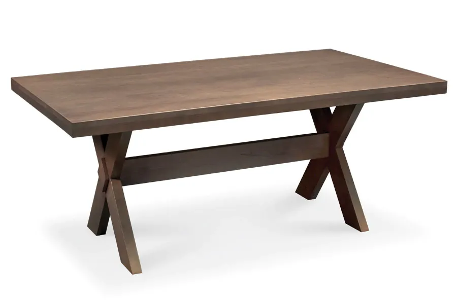 A wooden table with a x shaped base on a white background