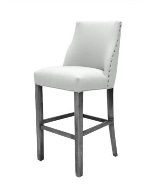 A white bar stool with wooden legs on a white background.
