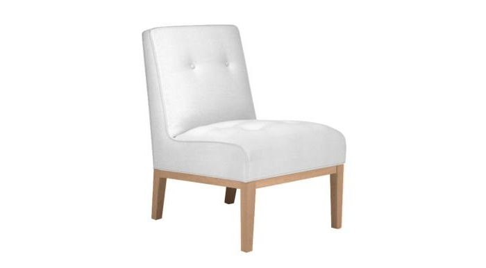 A white chair with wooden legs on a white background.