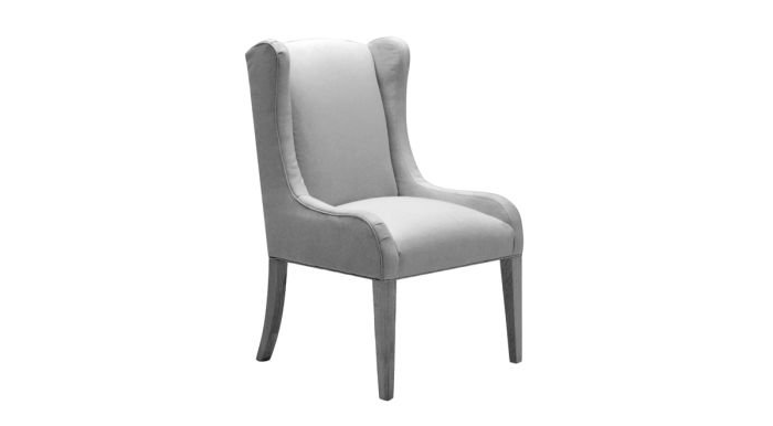 A white chair with a high back and wooden legs on a white background.