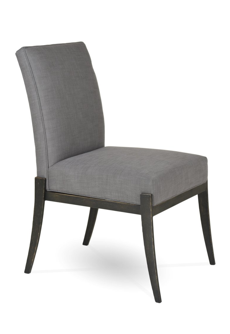 A grey chair with wooden legs on a white background