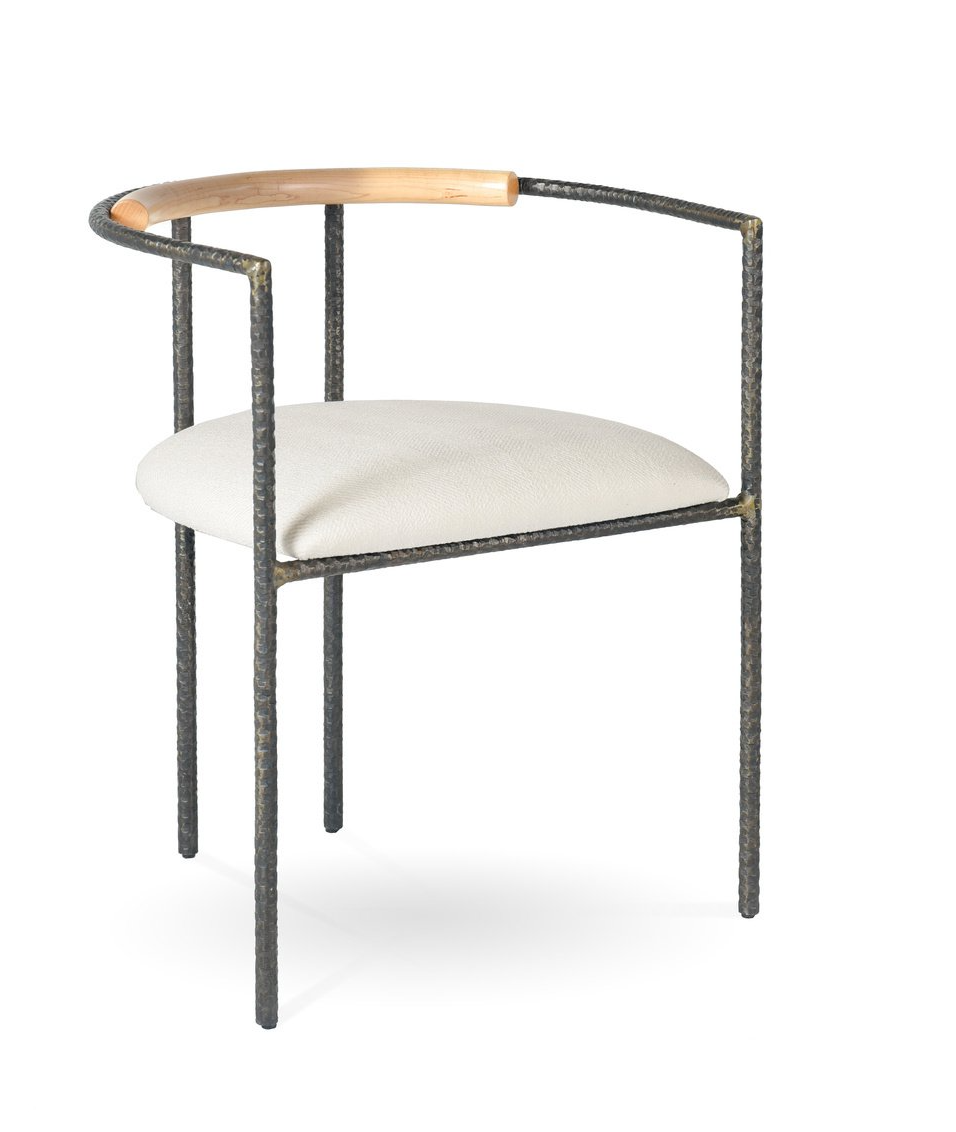 A chair with a white cushion and a wooden arm rest on a white background.