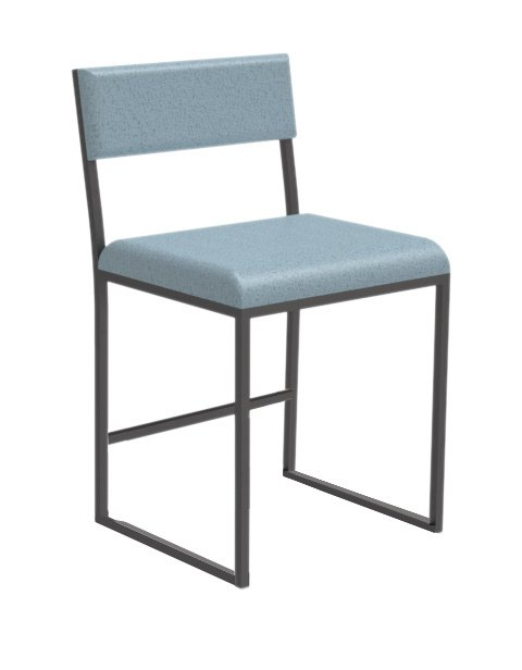 A blue chair with a black frame on a white background