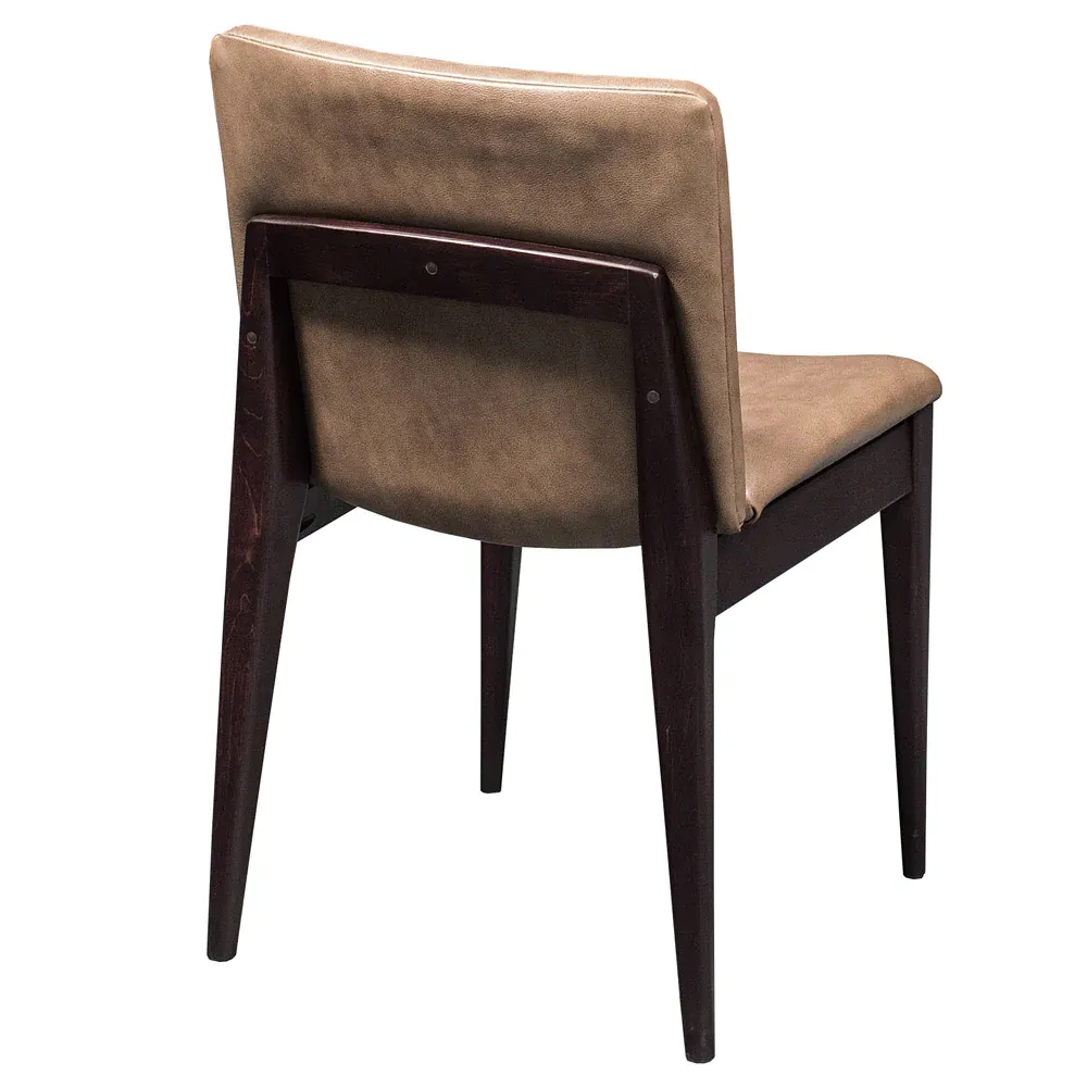 The back of a chair with a brown leather seat