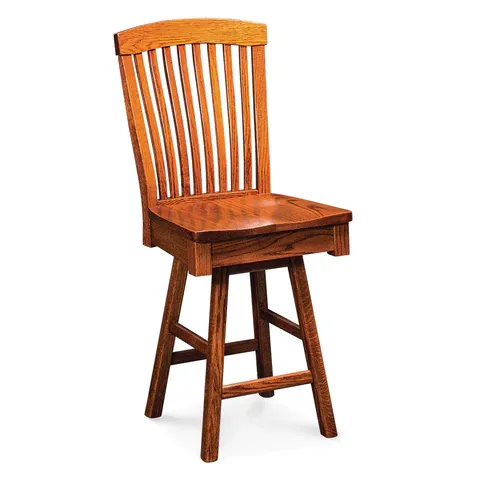 A wooden bar stool with a wooden seat and back on a white background.