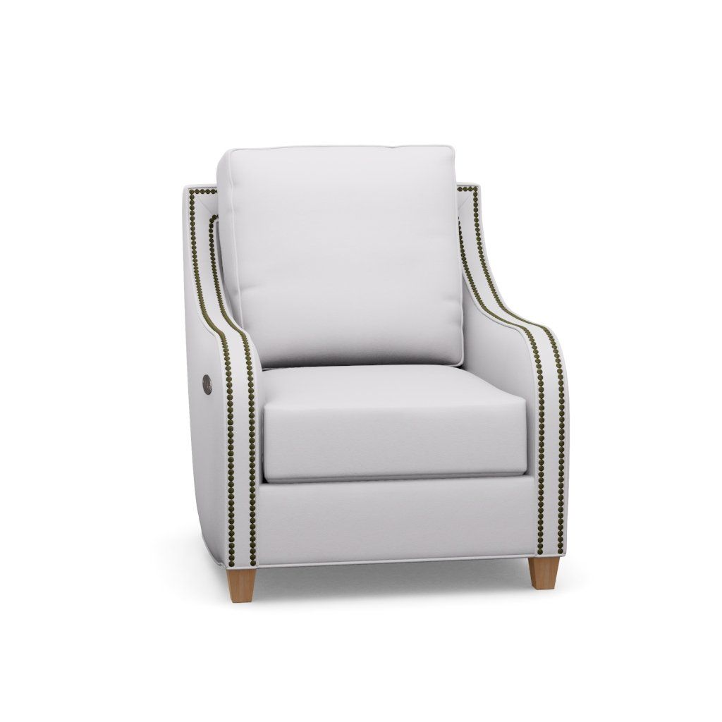 A white chair with wooden legs on a white background.