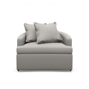 A grey chair with two pillows on it on a white background.