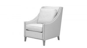 A white chair with a pillow on it on a white background.