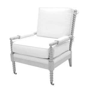 A white chair with a white cushion on a white background.