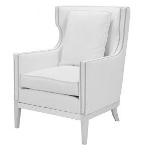 A white chair with a white pillow on it on a white background.