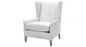 A white chair with a white cushion on a white background.
