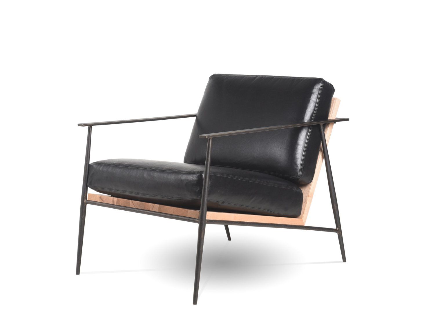 A black leather chair with a wooden frame on a white background.